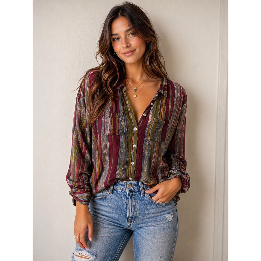 The Nu Vintage Striped Button Down Blouse | Boho Rayon Shirt